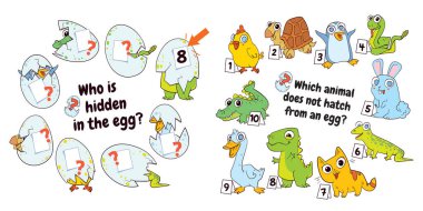 Who is hidden in the egg. Which animal does not hatch from an egg. Puzzle Hidden Items. Matching game. Educational game for children. Colorful cartoon characters. Funny vector illustration. Set clipart