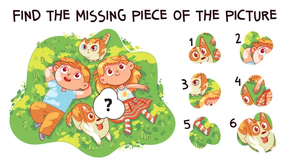 找到图片中丢失的部分 孩子们和他们的宠物躺在草地上 儿童教育游戏 选择正确的答案 匹配的游戏 多彩的卡通人物有趣的例子 — 图库矢量图片