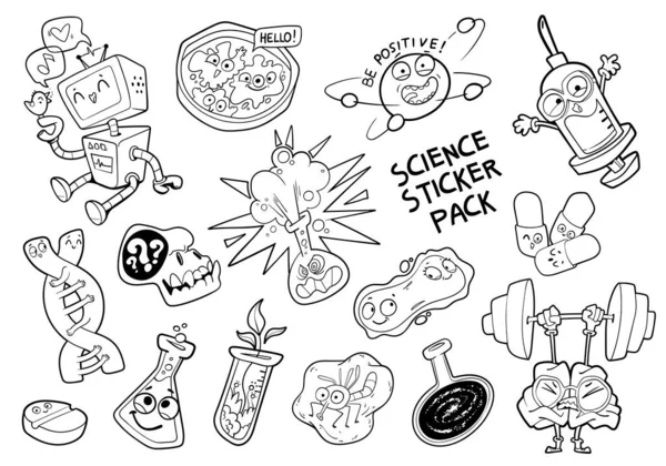 Science Sticker Pack Comics Style Set Cartoon Characters Funny Vector — Stock Vector