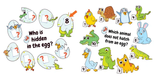 谁藏在鸡蛋里 哪一种动物不是由蛋孵化出来的 字谜隐藏项目 匹配的游戏 儿童教育游戏 多彩的卡通人物有趣的矢量说明 — 图库矢量图片