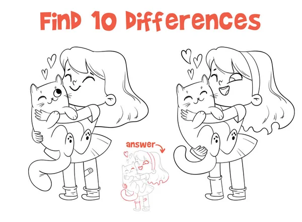 女の子は猫を抱きしめる 10の違いを見つける マッチングゲーム 子供のための教育ゲーム 注目すべき課題 漫画のキャラクター 面白いベクトルイラスト 白い背景に隔離されている ぬり絵 — ストックベクタ