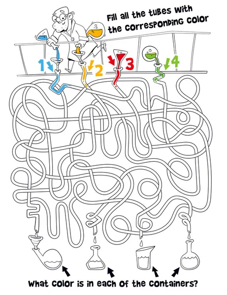 实验室的科学家正在把五颜六色的溶液倒进管子里 儿童逻辑游戏通过迷宫 孩子们的教育游戏注意任务 选择正确的道路 彩色的书 工作页 — 图库矢量图片