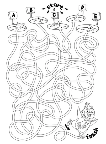 子供の論理ゲームは迷路を通過する ペンギンは氷の上でスケートする 子供のための教育ゲーム 注目すべき課題 正しい道を選びなさい 面白い漫画のキャラクター ぬり絵 ワークシートページ — ストックベクタ