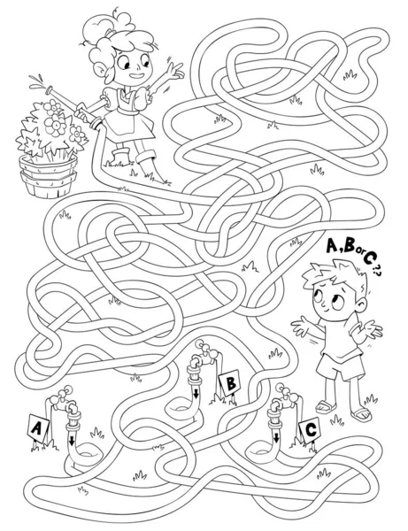 子供の論理ゲームは迷路を通過する 女の子と男の子の花を散水 子供のための教育ゲーム 注目すべき課題 正しい道を選びなさい 面白い漫画のキャラクター ベクトルイラスト ぬり絵 — ストックベクタ