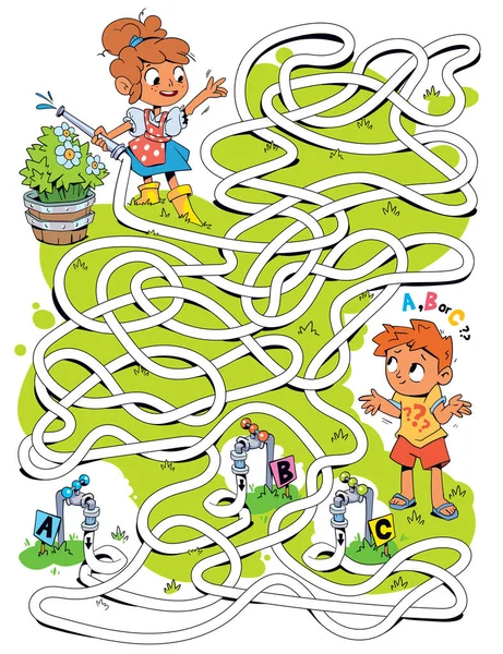 子供の論理ゲームは迷路を通過する 女の子と男の子の花を散水 子供のための教育ゲーム 注目すべき課題 正しい道を選びなさい 面白い漫画のキャラクター ベクトルイラスト 書籍用ワークシート — ストックベクタ