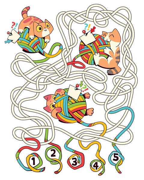 Кот Играет Клубком Меха Детская Логика Игры Пройти Лабиринт Образовательная — стоковый вектор