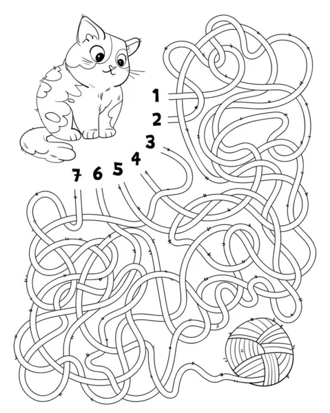 猫がウールのボールにつながる適切な糸を見つけるのを助けます 迷路を通過する子供ロジックゲーム 子供のための教育ゲーム 注目すべき課題 正しい道を選びなさい 面白い漫画のキャラクター ぬり絵 — ストックベクタ