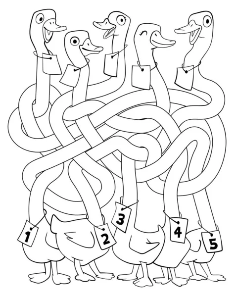 Funny Geese Long Tangled Necks Children Logic Game Pass Maze — Stock Vector