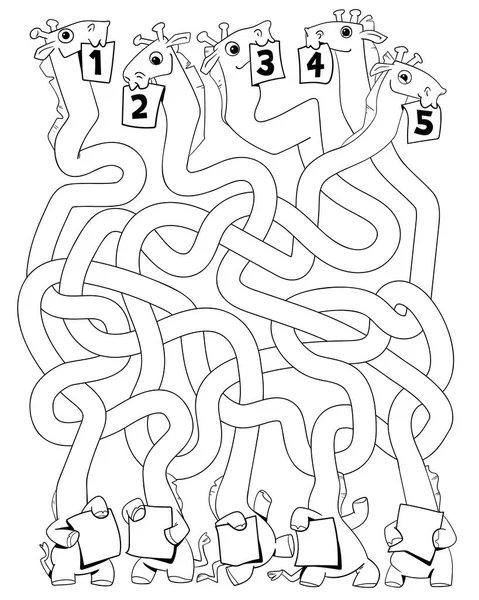 有趣的长颈鹿与缠结的脖子 儿童逻辑游戏通过迷宫 孩子们的教育游戏选择正确的道路 写正确的答案 有趣的卡通人物 彩色的书 — 图库矢量图片