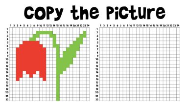 Fotoğrafı kopyala. Hücre modelini tekrarla. Tulip 'in karesini çiz. Eşleştirme oyunu. Çocuklar için eğitici bir oyun. Dikkat görevi. Mantık oyunu. Görsel oyun. Komik çizgi film karakteri. Vektör illüstrasyonu