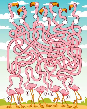 Funny flamingos with long, tangled necks. Children logic game to pass the maze. Educational game for kids. Choose right path. Write correct answers. Funny cartoon character. Worksheet clipart