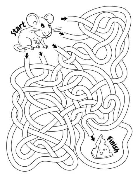 迷路を通してマウスを助け チーズへの道を見つける 子供のロジックゲーム 子供のための教育ゲーム 注意事項について 正しい道を選択する 面白い漫画のキャラクター カラーリングブック — ストックベクタ
