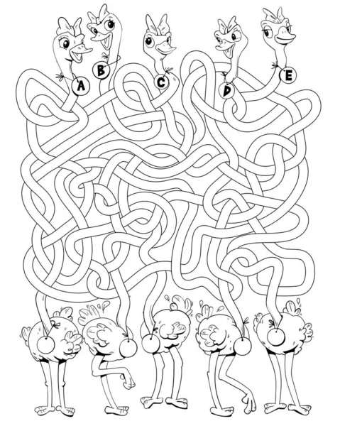 長く結びついた首を持つおかしいオストリッチ 迷路を通過する子供のロジックゲーム 子供のための教育ゲーム 注意事項について 正しい道を選択する 面白い漫画のキャラクター カラーブック ベクトルイラスト — ストックベクタ