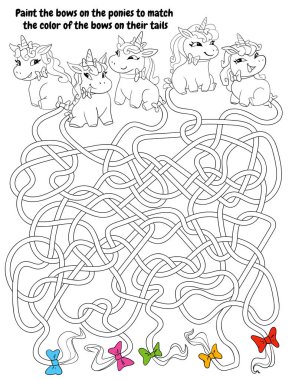 Çocuklar labirenti geçmek için mantık oyunu oynar. Fiyonkları kuyruklarının rengine uyacak şekilde midillilerin üzerine boya. Çocuklar için eğitici bir oyun. Dikkat görevi. Doğru yolu seç. Komik çizgi film karakteri