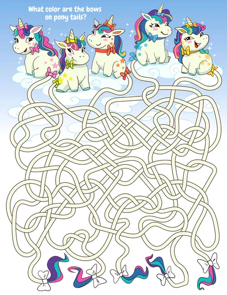 儿童逻辑游戏通过迷宫 小马尾巴上的弓是什么颜色的 可爱的小马坐在云彩上 教育游戏 注意任务 选择正确的道路 有趣的卡通人物 工作页 — 图库矢量图片#