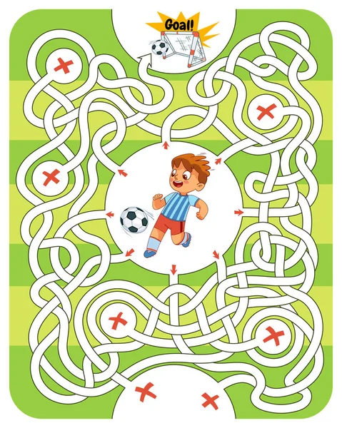 少年はサッカー場でサッカーをしている 彼が迷路で正しい道を見つけるのを手伝ってください 迷路を通過する子供のロジックゲーム 子供のための教育ゲーム 注意事項について 正しい道を選択する おかしい漫画のキャラクター — ストックベクタ