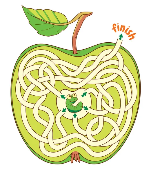 リンゴの中の迷路を通してキャタピラーを助けます 迷路を通過する子供のロジックゲーム 子供のための教育ゲーム 注意事項について 正しい道を選択する 面白い漫画のキャラクター 白に隔離される — ストックベクタ