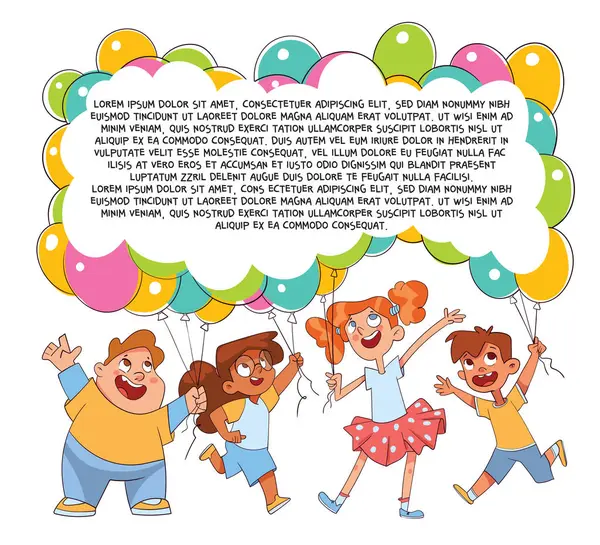 Dzieci Trzymające Balony Szablon Dla Twojego Projektu Kolorowe Postacie Kreskówek — Wektor stockowy