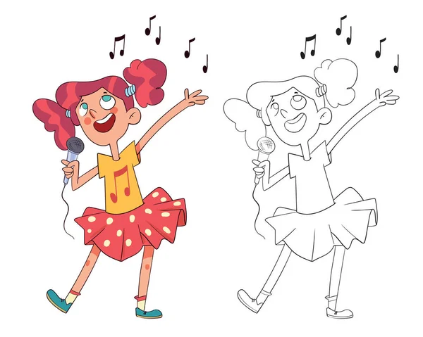 Girl Singing Karaoke Colorful Cartoon Characters Funny Vector Illustration Isolated — Stock Vector