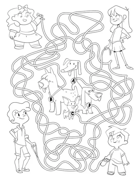 子供のためのメイズ 子供たちが犬を歩いている 子供のための教育ゲーム 注意事項について 正しい道を選択する 面白い漫画のキャラクター カラーブック ワークシートページ ベクトルイラスト — ストックベクタ