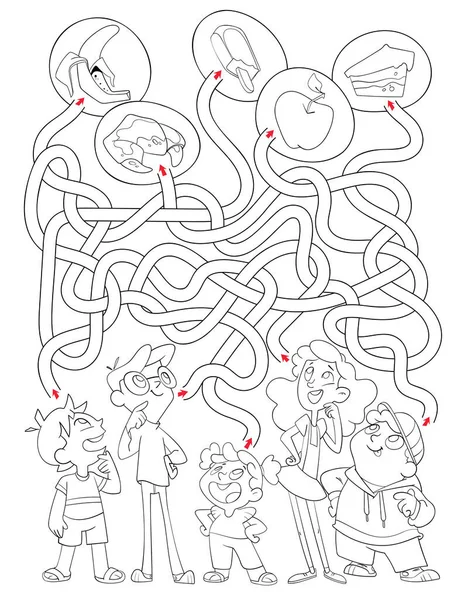 子供のためのメイズ 子供たちは好きな食べ物を選ぶ 子供のための教育ゲーム 注意事項について 正しい道を選択する 面白い漫画のキャラクター カラーブック ワークシートページ ベクトルイラスト — ストックベクタ