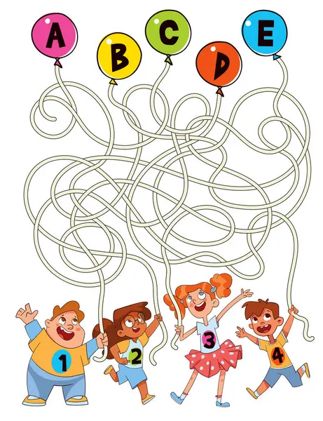 儿童逻辑游戏通过迷宫 孩子们拿着气球 孩子们的教育游戏注意任务 选择正确的道路 有趣的卡通人物 工作页 — 图库矢量图片#