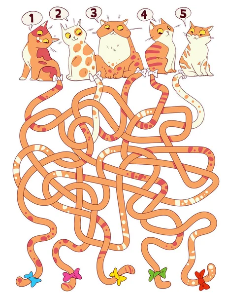 Tangled Maze Cat Tails Maze Children Educational Game Kids Attention — Stock Vector