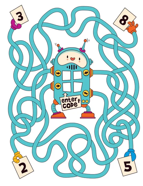 带着可爱机器人的孩子玩逻辑游戏 孩子们的迷宫孩子们的教育游戏注意任务 选择正确的道路 有趣的卡通人物 工作文件页 矢量图解 与白种人隔离 — 图库矢量图片#