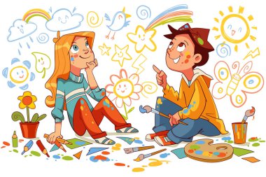 Çocuklar duvara karalama yapıyor. Çocuklar duvarları renkli resimlerle boyadılar. Renkli çizgi film karakterleri. Komik vektör çizimi. Beyaz arkaplanda izole