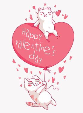Sevimli çizgi film kedileriyle Sevgililer Günü. Kedi büyük bir kalp şeklinde balon tutuyor. Renkli çizgi film karakteri. Komik vektör çizimi. İzole edilmiş beyaz arka plan. Tebrik kartı şablonu