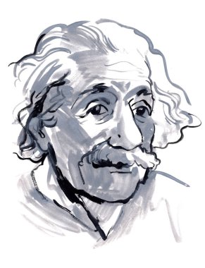 Albert Einstein portresi. Taslak çizimi. Bıyıklı serbest çizim. Beyaz arkaplanda izole