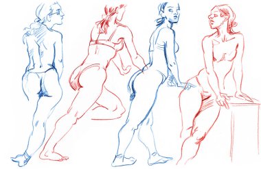 Hayattan bir insan figürünün taslağını incele. Kalem taslağı çizimleri. Kurşun kalemle serbest çizim. Hazır ol. Beyaz arkaplanda izole