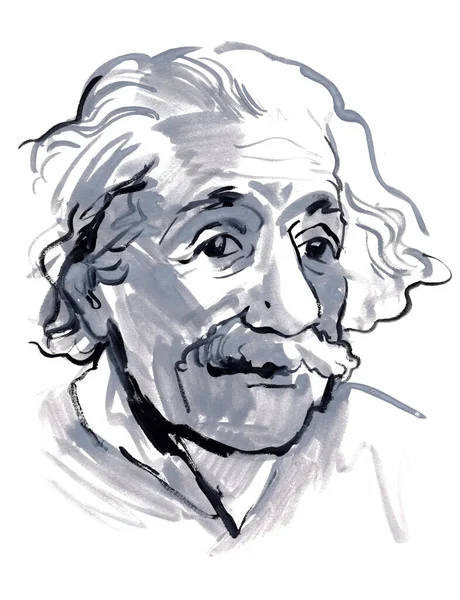 アルバート アインシュタイン アウトラインスケッチ フリーハンド ガッシュで描く 白い背景に隔離される — ストック写真