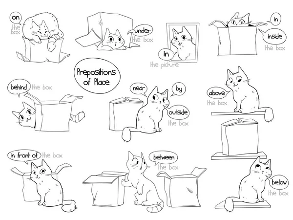 場所の前提 英語の前提 猫とボックスの明確な例です 近くに 漫画のキャラクター セット — ストックベクタ