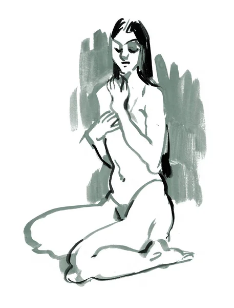 Study sketch of a human figure from life. Freehand drawing with gouache. Isolated on white background