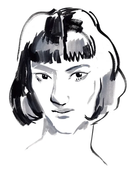 人生からの少女の肖像画のスケッチ アウトラインスケッチ フリーハンド ガッシュで描く 白い背景に隔離される — ストック写真