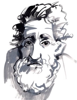 Hayattan yaşlı bir adamın portresini çizmeye çalış. Taslak çizimi. Bıyıklı serbest çizim. Beyaz arkaplanda izole