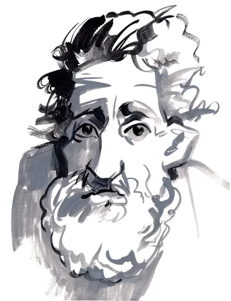 Hayattan yaşlı bir adamın portresini çizmeye çalış. Taslak çizimi. Bıyıklı serbest çizim. Beyaz arkaplanda izole