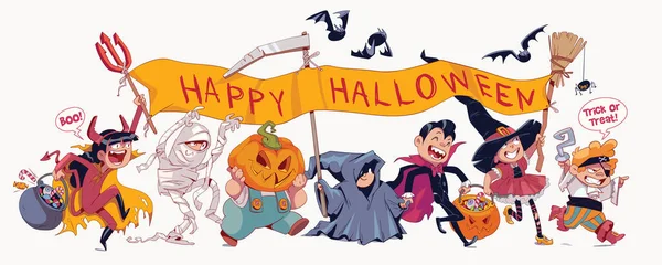 Děti Slaví Halloween Oblečené Různých Halloweenských Kostýmech Trick Treat Barevná — Stockový vektor