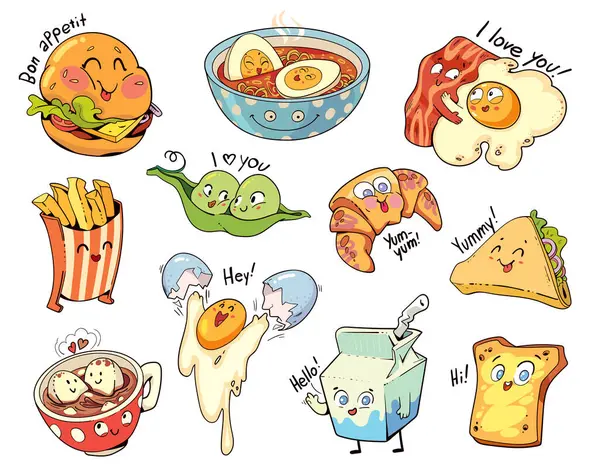 Niedliches Essen Wird Comic Stil Gezeichnet Zeichnet Bezaubernde Harakter Mit — Stockvektor