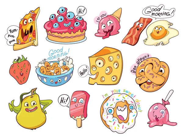 楽しい食べ物はコミックスタイルで描かれています 異なる感情を持ったキャラクターを描く カラフルな漫画のキャラクター 面白いベクトルイラスト 隔離された白い背景 ステッカーパック — ストックベクタ
