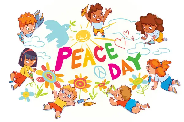子供たちは舗装に大きな平和の日メッセージを送ります アスファルトの色のクレヨンが付いている子供の落書き 平和の国際デー カラフルな漫画のキャラクター 面白いベクトルイラスト 孤立した — ストックベクタ