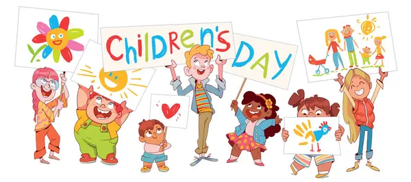 Copiii Își Țin Desenele Semn Care Citește Ziua Internațională Copilului — Vector de stoc