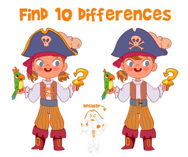 Resimde 10 farklılık bul. Korsan kostümlü bir kız. Çocuklar için eğitici bir oyun. Dikkat görevi. Komik çizgi film karakteri. Çalışma sayfası. Vektör illüstrasyonu