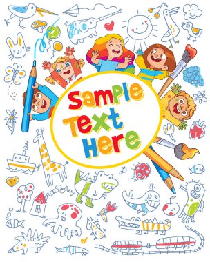 Çocuk boyama kitabı kapağı. Çocuklar arka planda fırça ve kalem tutarken çocuklar karalama yapıyor. Reklam broşürü şablonu. Mesajınız için hazırız. Komik çizgi film karakteri. Vektör illüstrasyonu