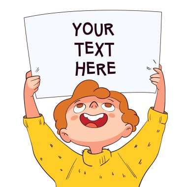 Üzerinde yazı olan pankart tutan bir çocuk. Tasarım kavramı. Renkli çizgi film karakterleri. Komik vektör çizimi. Beyaz arkaplanda izole