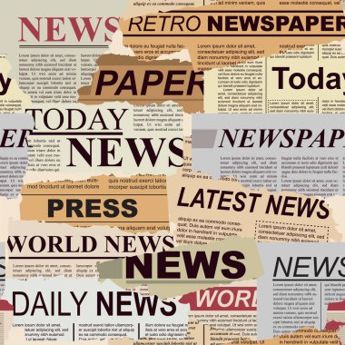 Rastgele dağılmış eski gazeteler. Yırtık kenarlı eski gazeteler. Gazete başlıkları - World News, Press, Today, Daily News. Kusursuz desen. Vektör çizimi. Ayarla