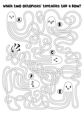 Çocuklar Labirenti. Karmaşık dokunaçlı ahtapotlar. Çocuklar için eğitici bir oyun. Dikkat görevi. Doğru yolu seç. Komik çizgi film karakteri. Çalışma sayfası. Vektör çizimi. Boyama kitabı