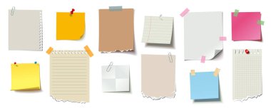 Not kağıdı, yapışkan not, defter sayfası, yırtık kağıt. İğne ve yapışkan bantlı boş bir çarşaf. Not mesajı için şablonlar. Vektör çizimi. Beyaz arka planda izole edilmiş. Ön görünüm
