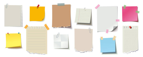 Набор нотной бумаги, липкая записка, страница с записной книжкой, разорванный лист бумаги. Чистый лист со штифтом и клейкой лентой. Мбаппе для заметки. Векторная иллюстрация. Изолированный на белом фоне. Вид спереди